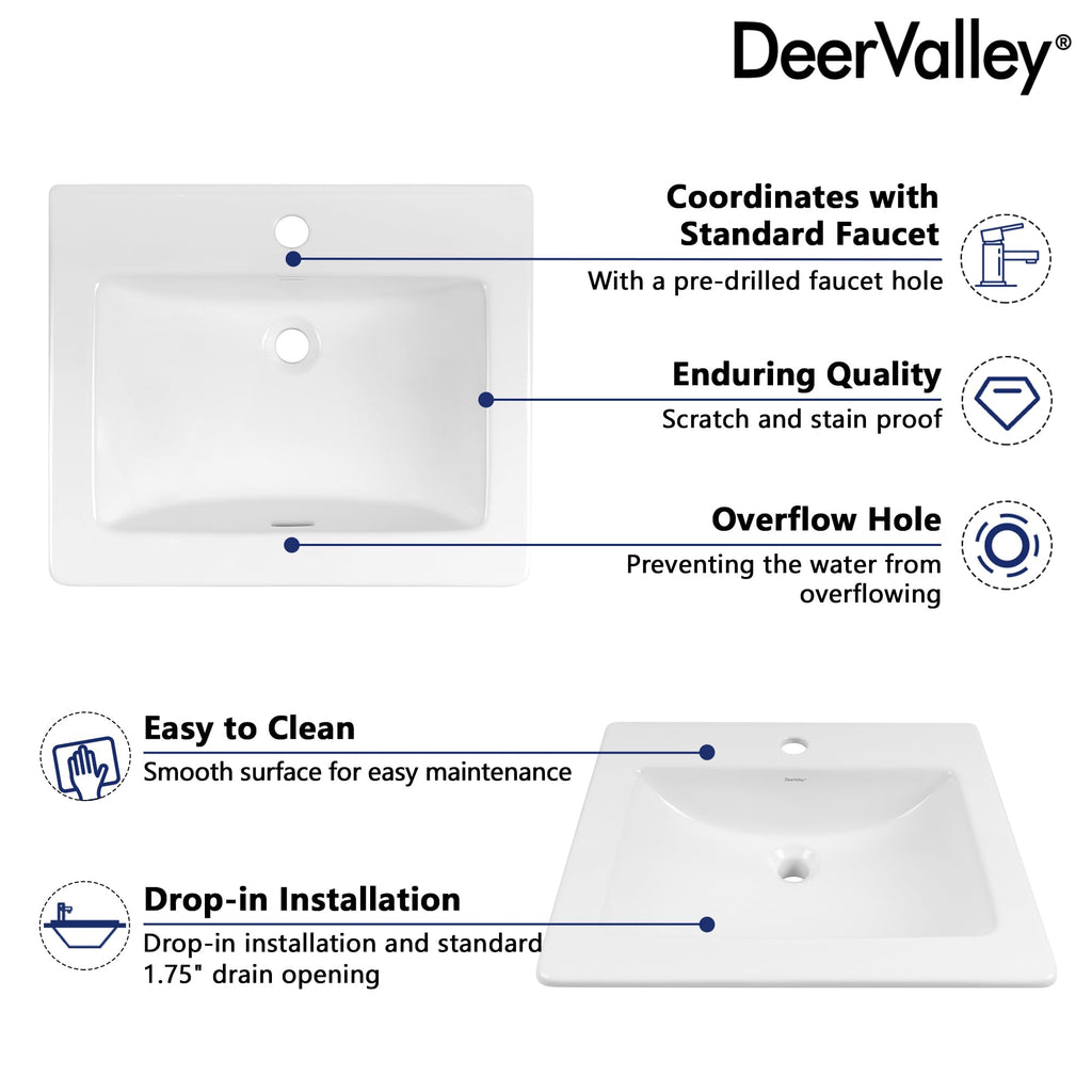 DeerValley Drop In Bathroom Sink White 21"x18" Rectangle Sleek 3-Hole Basin