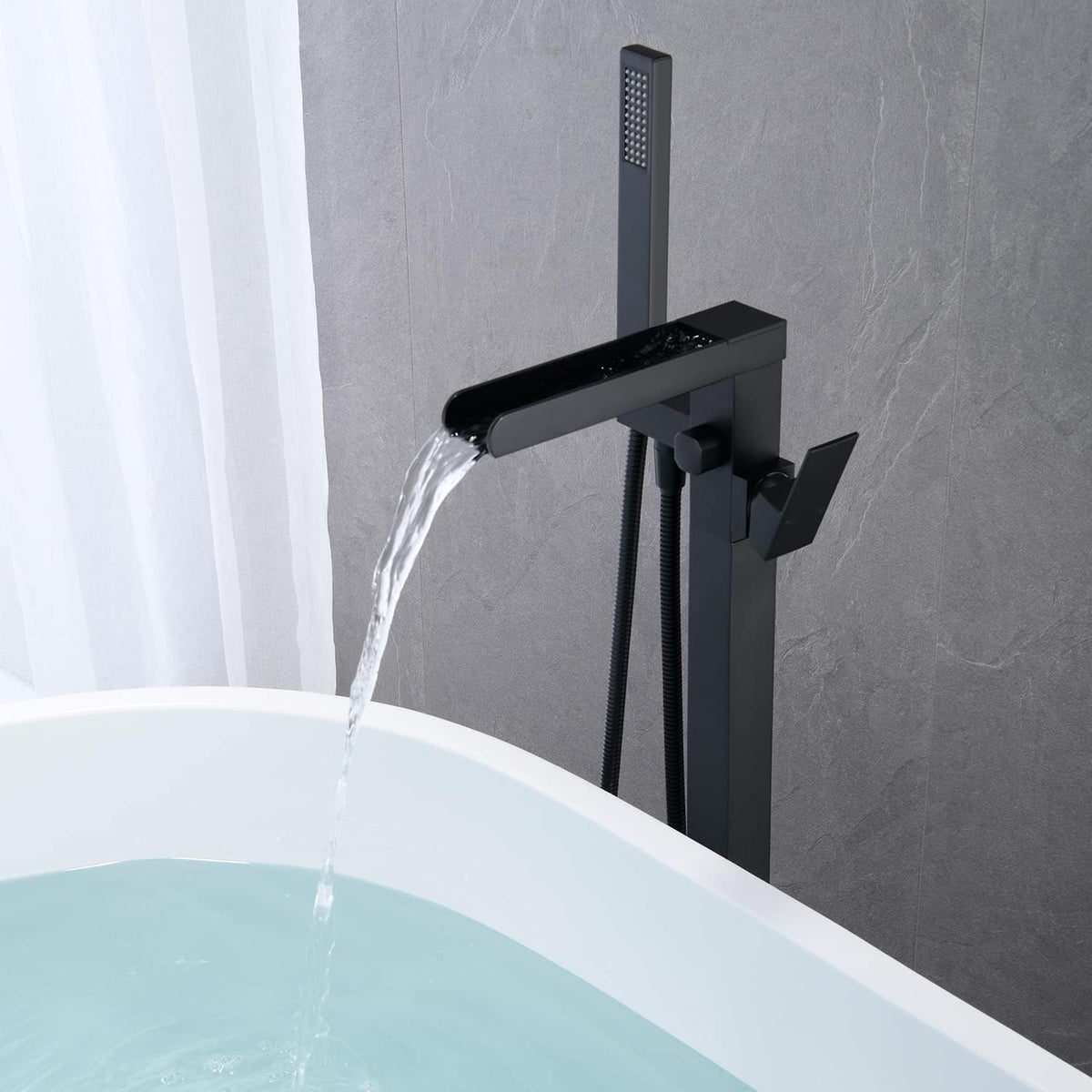 Wowkk Waterfall Tub Filler Freestanding Bathtub Faucet Black Floor Mount Brass Single Handle Bathroom Faucets with Hand Shower