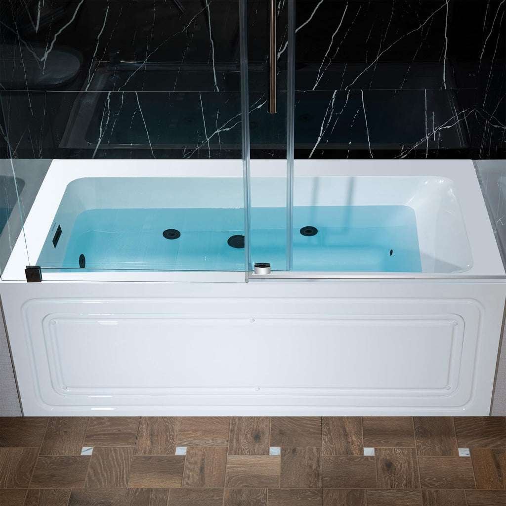 WOODBRIDGE 60" x 32" Alcove Acrylic Rectangular Whirlpool Heated Jetted Tub in White with Left Drain, Matte Black Finish, BS429-L-MB02