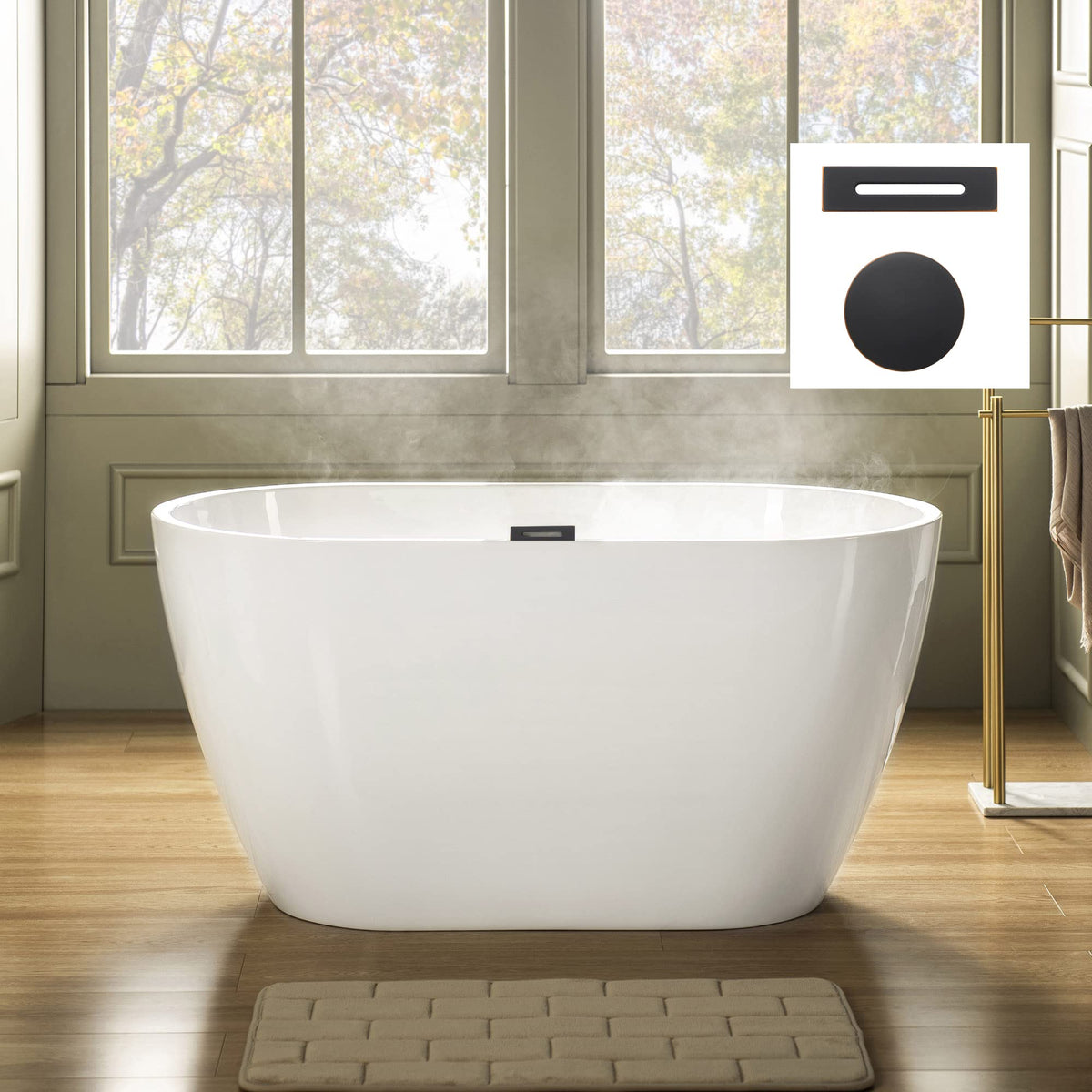 WOODBRIDGE 48" Acrylic Freestanding Bathtub Contemporary Soaking Tub, White Acrylic(Brushed Nickel Drain/Overflow),BTA1703-B/N-Drain&O