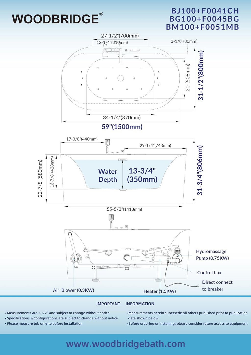 WOODBRIDGE 59"Ã31-1/2" Compact Whirlpool & Air, Heated Bathtub with Faucet