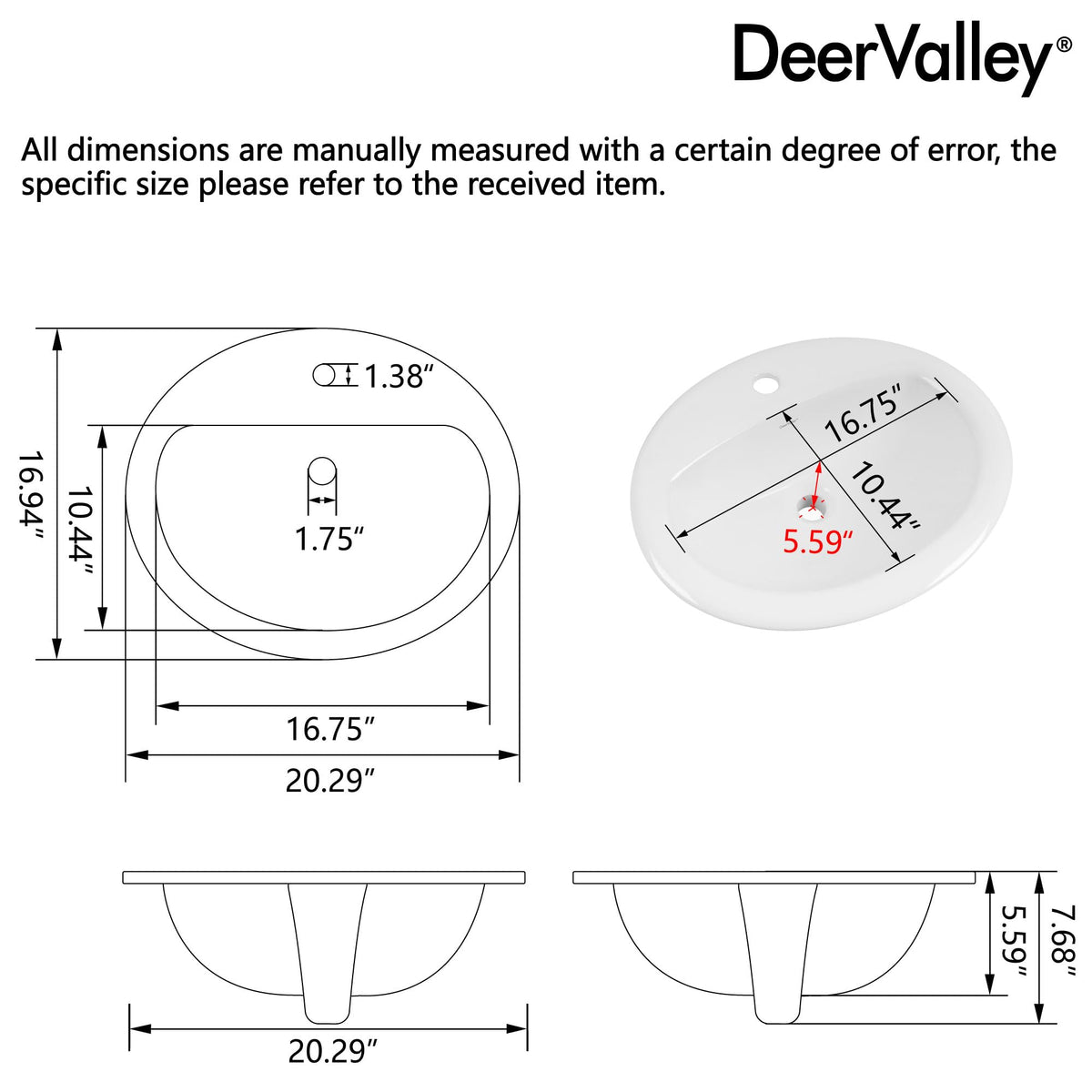 DeerValley Drop In Bathroom Sink White 21"x18" Rectangle Sleek 3-Hole Basin