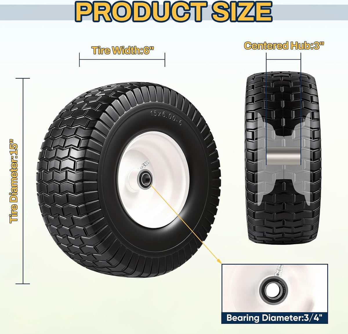 15x6.00-6 Flat Free Lawn Mower Tire and Wheel, 15x6-6 Front Tire Assembly