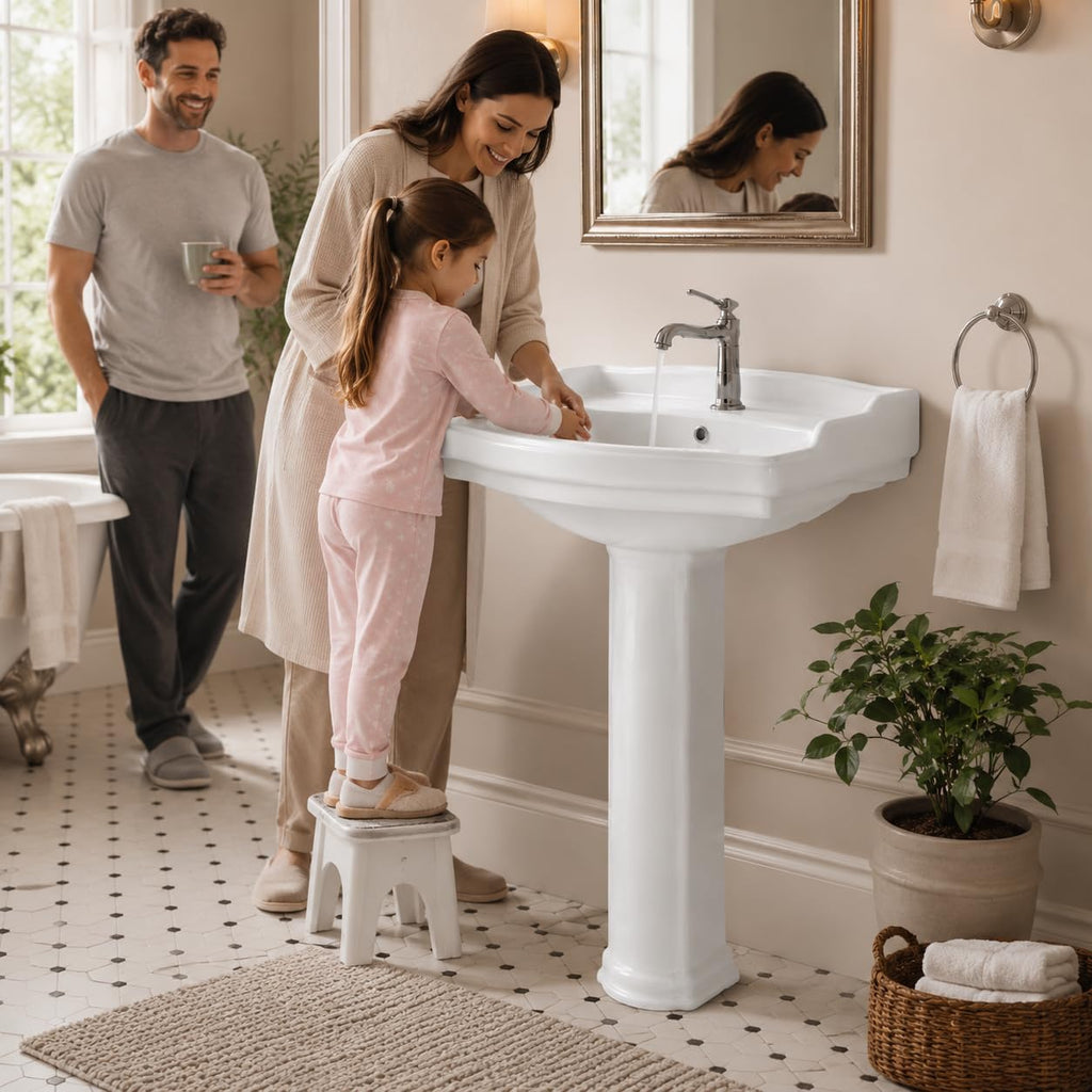 Garvee White Ceramic Pedestal Bathroom Sink, Single Hole Freestanding Basin