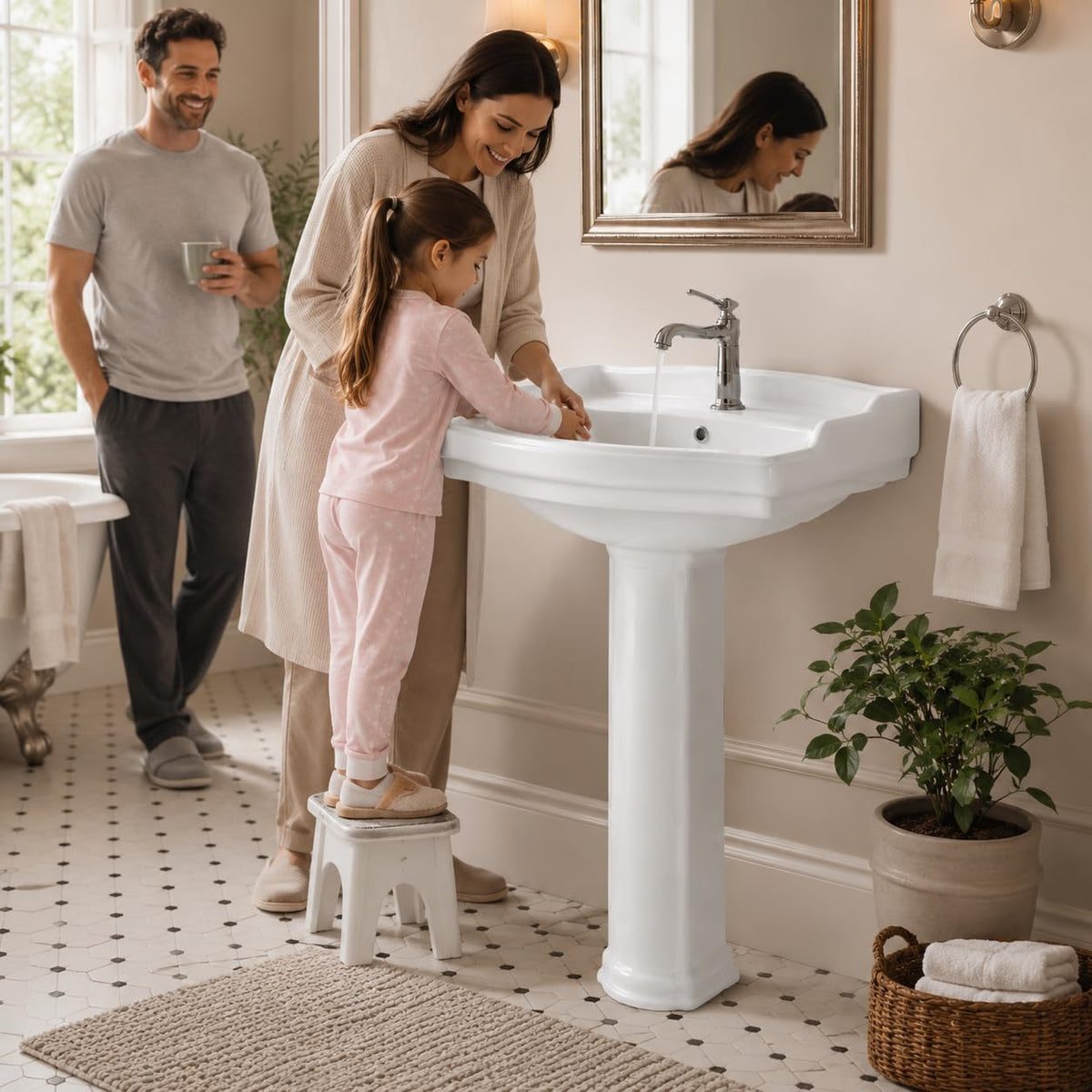 Garvee White Ceramic Pedestal Bathroom Sink, Single Hole Freestanding Basin