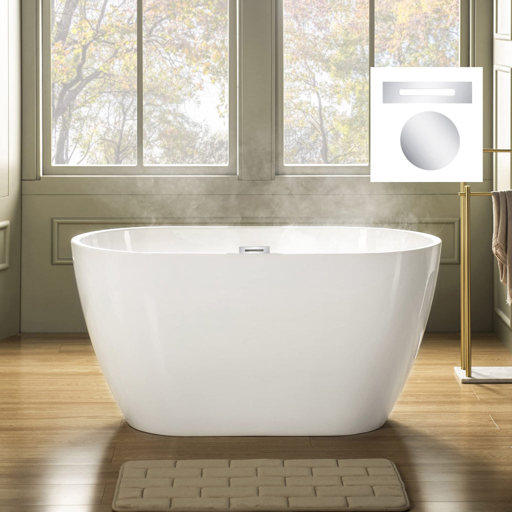 WOODBRIDGE 48" Acrylic Freestanding Bathtub Contemporary Soaking Tub, White Acrylic(Brushed Nickel Drain/Overflow),BTA1703-B/N-Drain&O