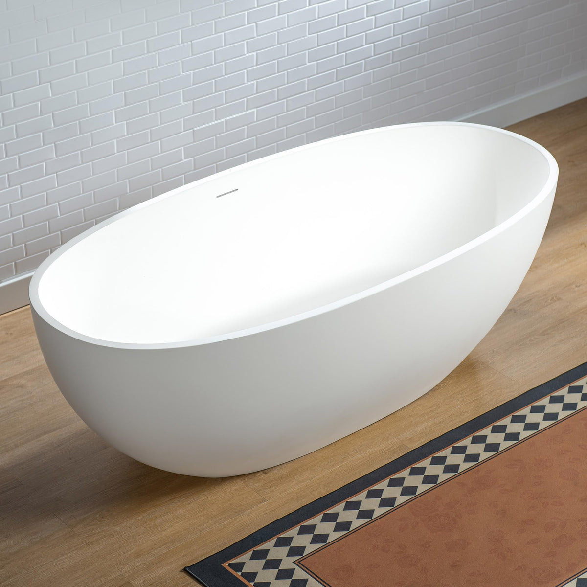 WOODBRIDGE 61" Stone Resin Freestanding Soaking Tub, Modern Oval Solid Surface Bathtub with Integrated Slotted Overflow & Drain, Matte White