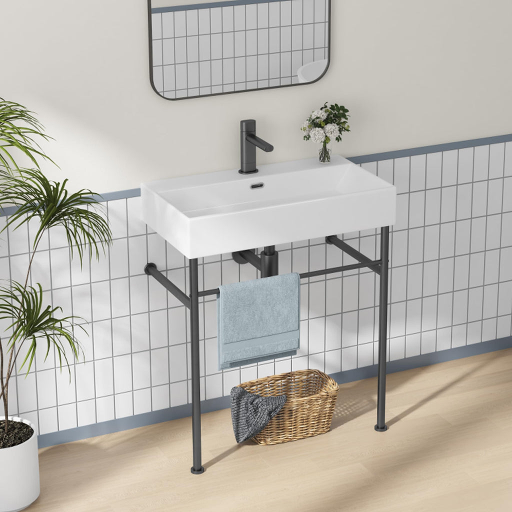 Eridanus 24"x16" Console Bathroom Sink, Free Standing 30 Inch Stainless Steel Support Pedestal Legs, Wall Mount White Vessel Ceramic Vanity Basin, Modern Rectangular Sinks Porcelain, Matte Black