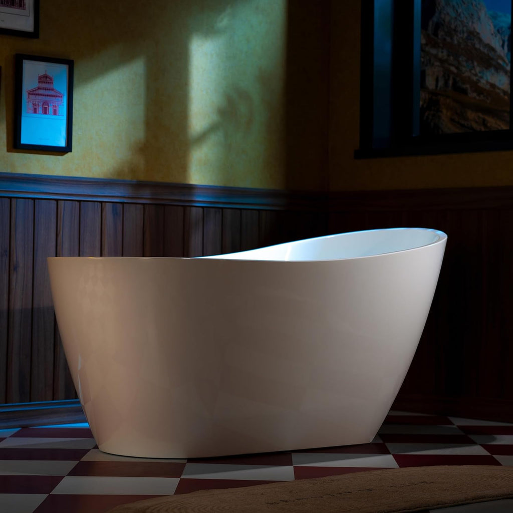 WOODBRIDGE 59" Acrylic Freestanding Bathtub Contemporary Soaking White Tub with Chrome Overflow and Drain,White