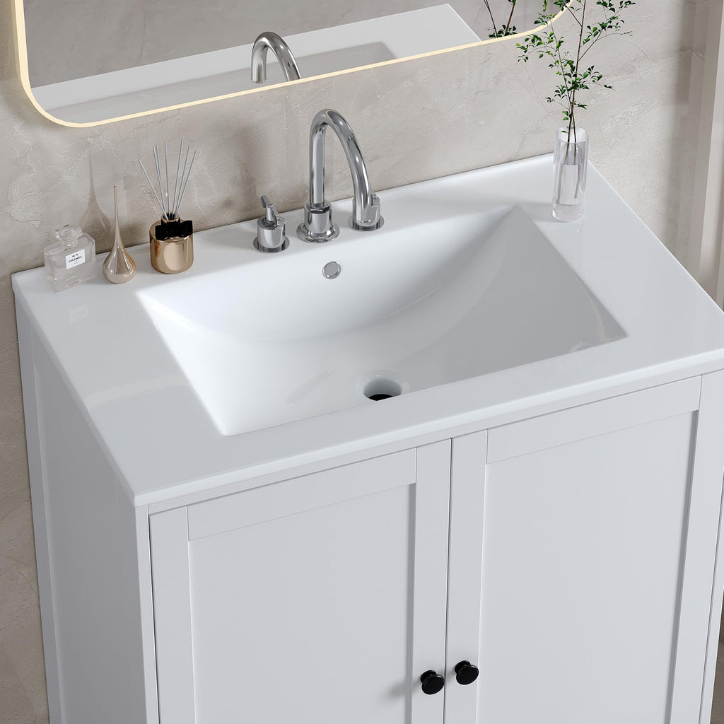 VINGLI 24 In Vanity Top Sink,1 Pre-Drilled Standard 1 3/8" Faucet Hole,1 3/4" Diameter of Center Hole,24 Inch Modern Rectangular Ceramic Single Sink Basin Vanity Top, 24"Wx18.1"Dx6.7"H,White