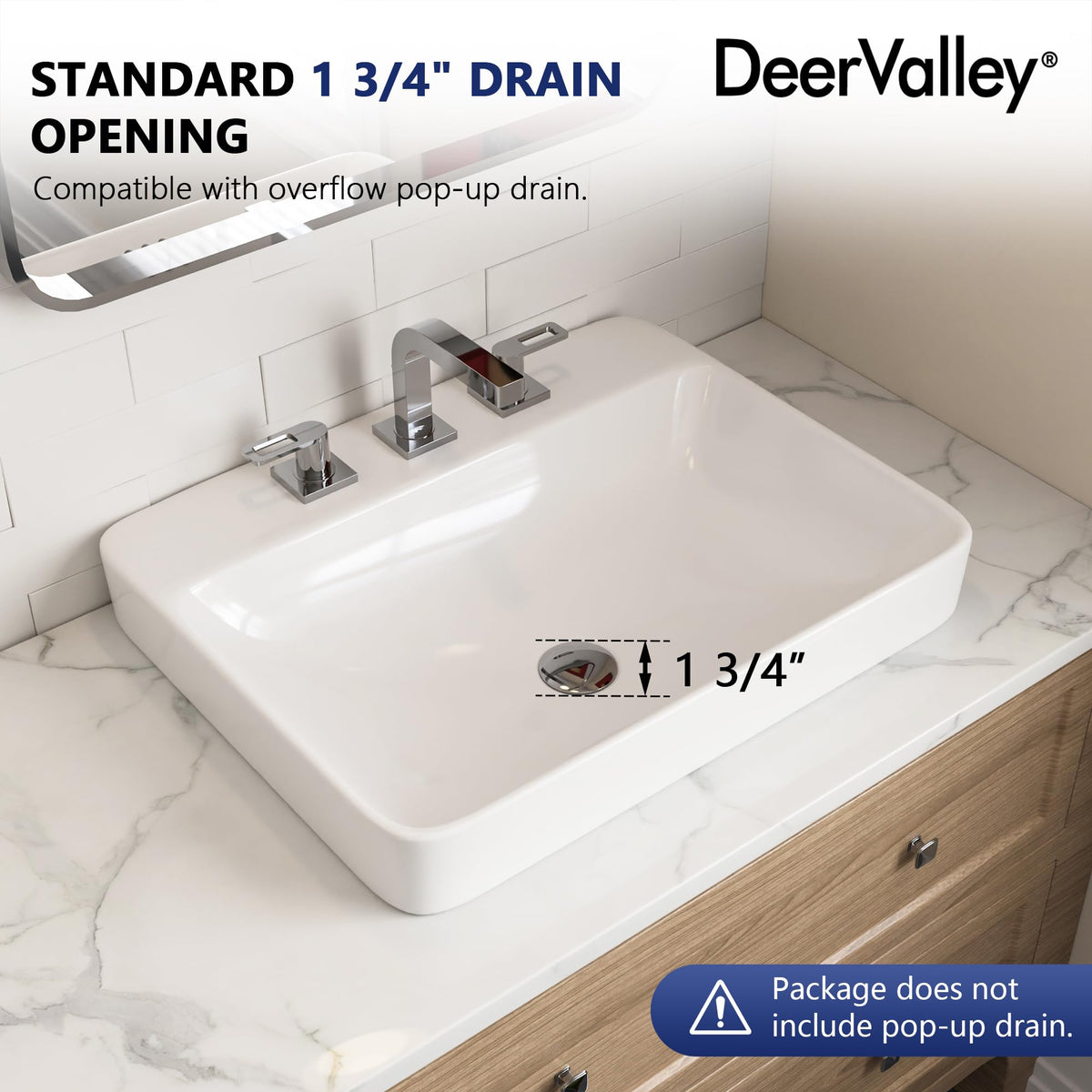DeerValley Drop In Bathroom Sink White 21"x18" Rectangle Sleek 3-Hole Basin