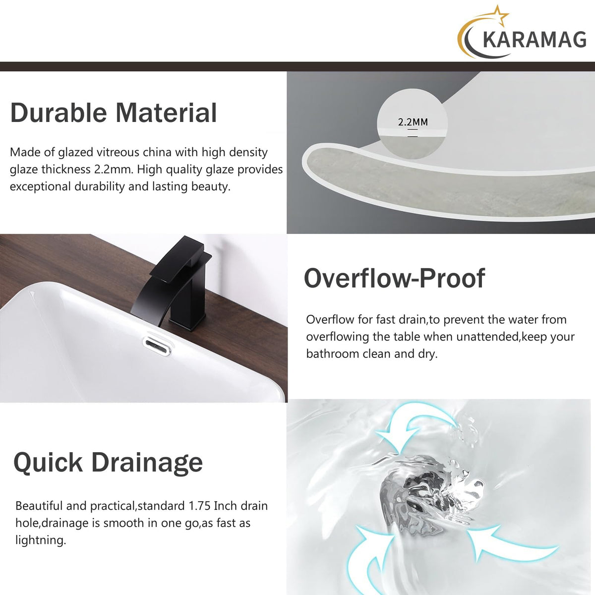 19 Inch Drop In Bathroom Vessel Sink with Overflow Rectangle White