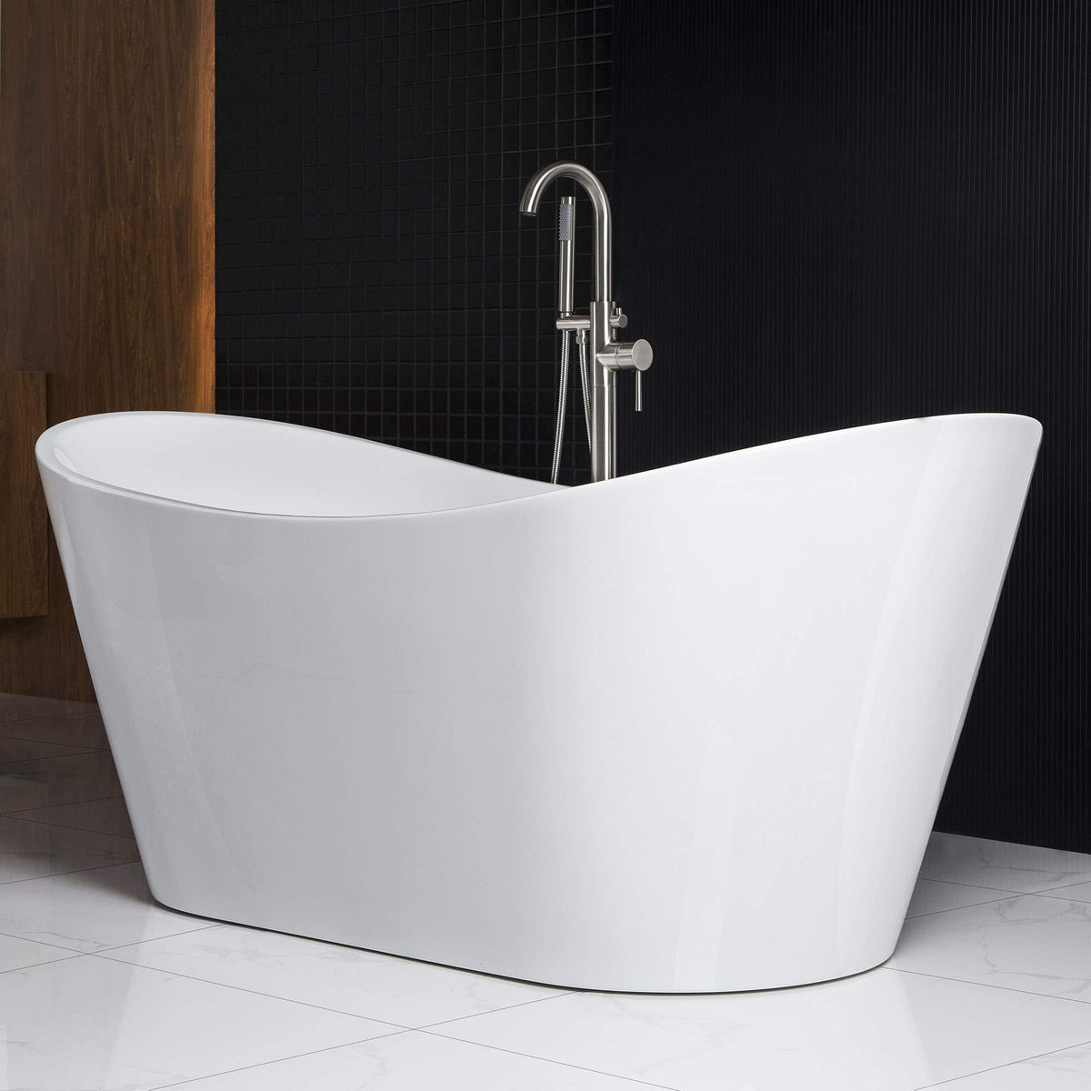 WOODBRIDGE 71" Acrylic Freestanding Bathtub Contemporary Soaking Tub , White Acrylic ( Matte Black Drain/Overflow),B0017 MB Drain &O