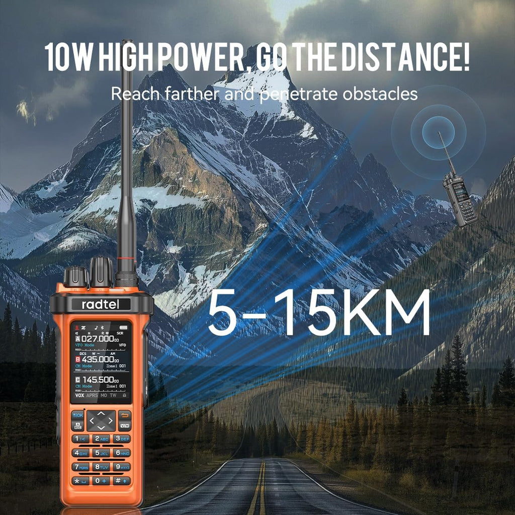 Radtel RT-950 PRO Ham Radio GPS/APRS, 10W Walkie Talkie Long Range Handheld Two Way Radio, SW/MW/LW RX, Bluetooth APP Programming, NOAA, Spectrum Analyzer,Orange(with Programming Cable)