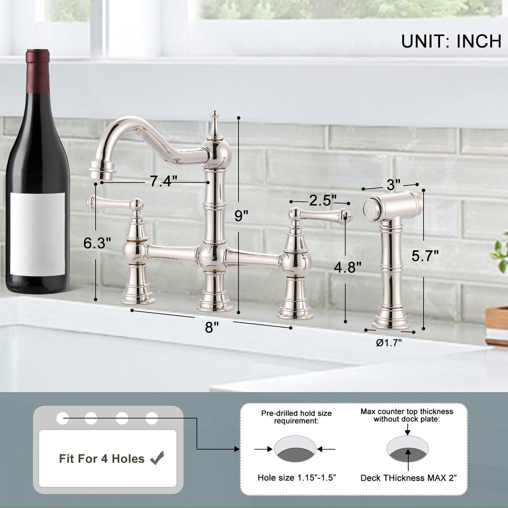 WOWOW Brass Bridge Kitchen Faucet 4 Hole with Side Sprayer, Brushed Gold