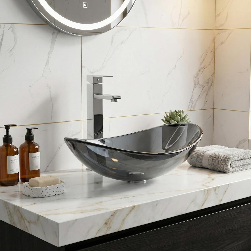 Bathroom Boat Shape Artistic Glass Vessel Sink, Gold