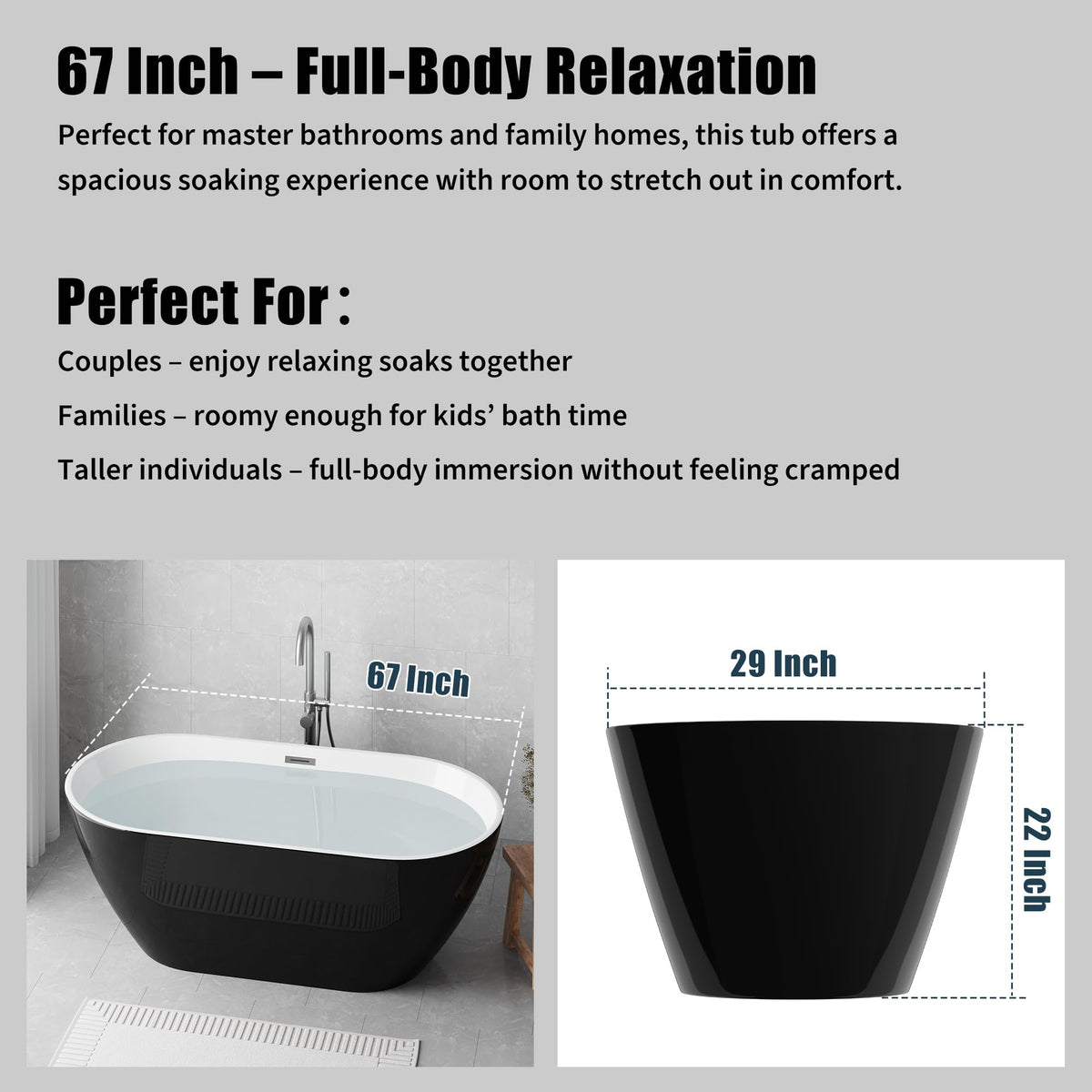 Freestanding Bathtub 59 inch Acrylic Free Standing Tub 59 Inch, Free Standing Tub with Chrome Drain & Overflow, Ergonomic Stand Alone Tub for Small Bathroom or Home Spa