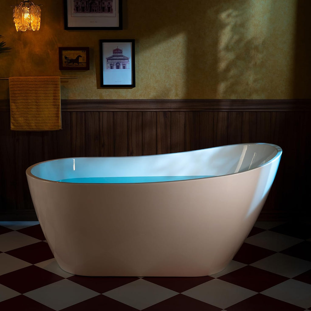 WOODBRIDGE 59" Acrylic Freestanding Bathtub Contemporary Soaking White Tub with Chrome Overflow and Drain,White