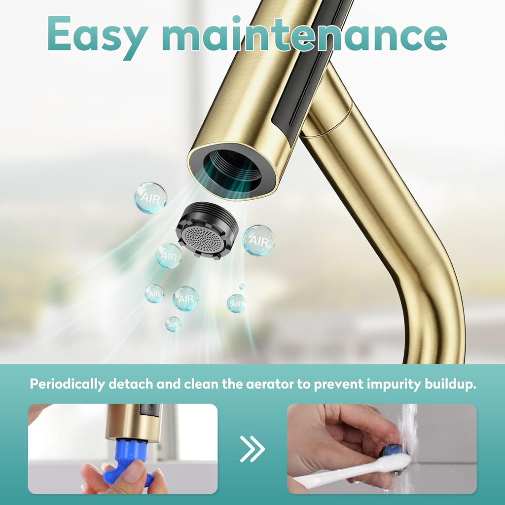 MIAOHUI Brushed Gold Kitchen Faucet with Glass Rinser, 4 Modes