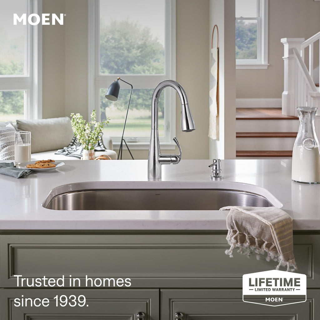 Moen Essie Spot Resist Stainless Pulldown Sprayer Kitchen Sink Faucet Set with Modern Pump Soap Dispenser, 87014SRS