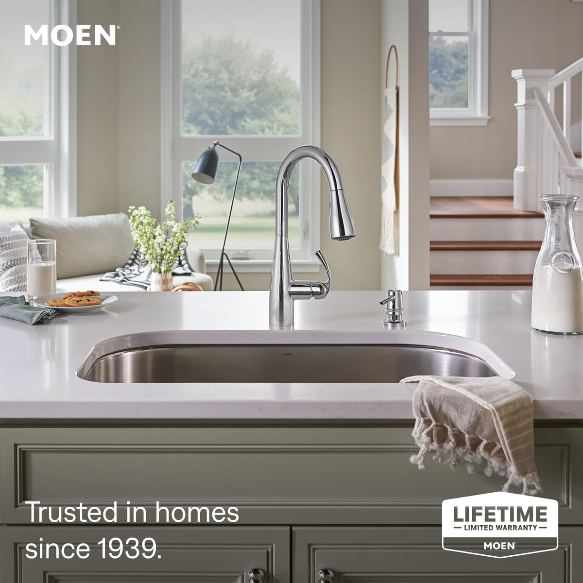 Moen Essie Spot Resist Stainless Pulldown Sprayer Kitchen Sink Faucet Set with Modern Pump Soap Dispenser, 87014SRS