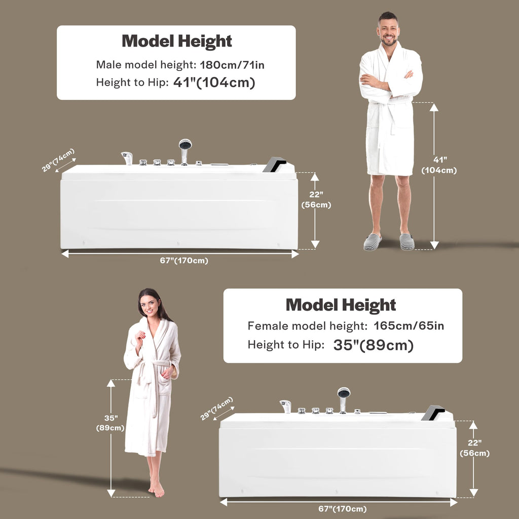 Empava Acrylic Whirlpool Bathtub, 71" Jetted Tub with Healing Chromotherapy