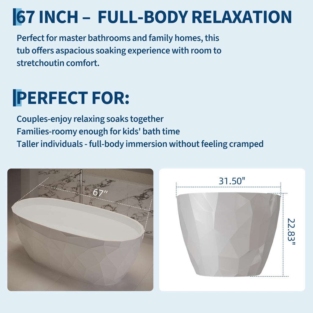Freestanding Bathtub 59 inch Acrylic Free Standing Tub 59 Inch, Free Standing Tub with Chrome Drain & Overflow, Ergonomic Stand Alone Tub for Small Bathroom or Home Spa