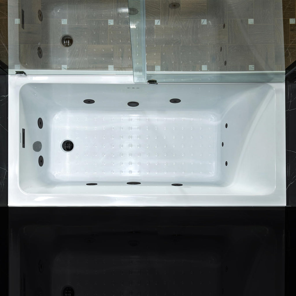 WOODBRIDGE 60" x 32" Alcove Acrylic Rectangular Whirlpool Heated Jetted Tub in White with Left Drain, Matte Black Finish, BS429-L-MB02