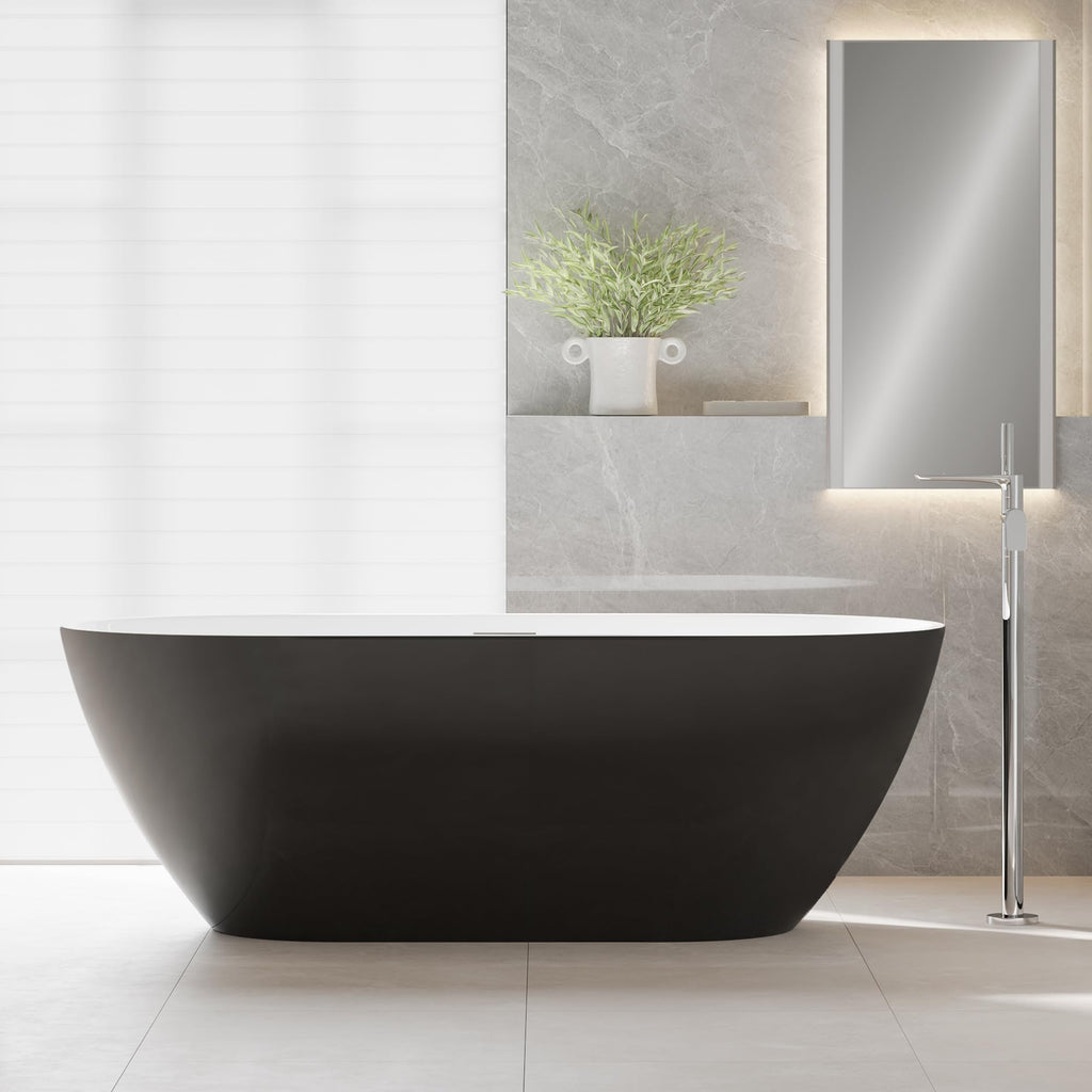 59 Inch Freestanding Bathtubs, White Acrylic Free Standing Bathtub, Modern Soaking Tub with Integrated Overflow & Chrome Drain for Bathroom Remodel