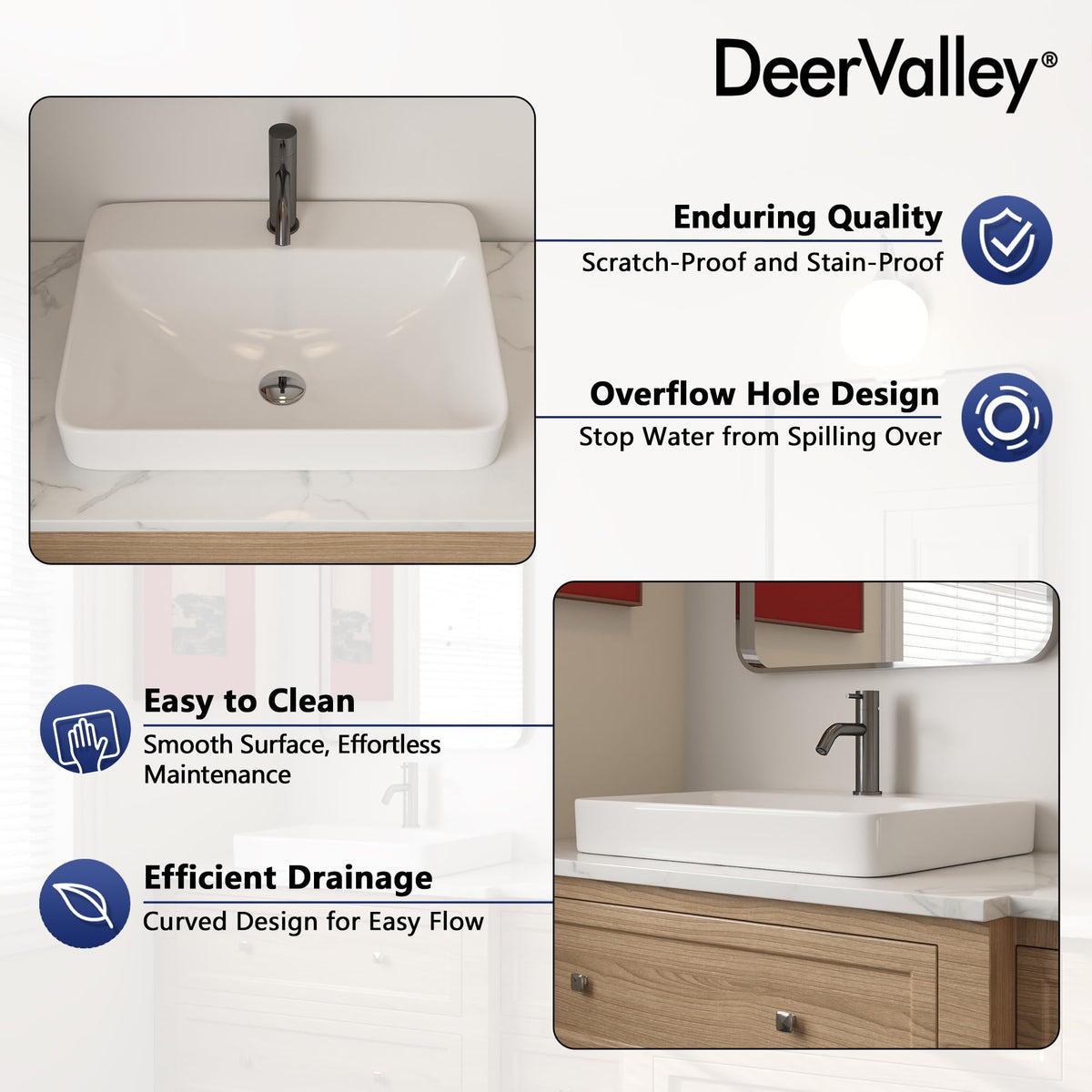 DeerValley Drop In Bathroom Sink White 21"x18" Rectangle Sleek 3-Hole Basin