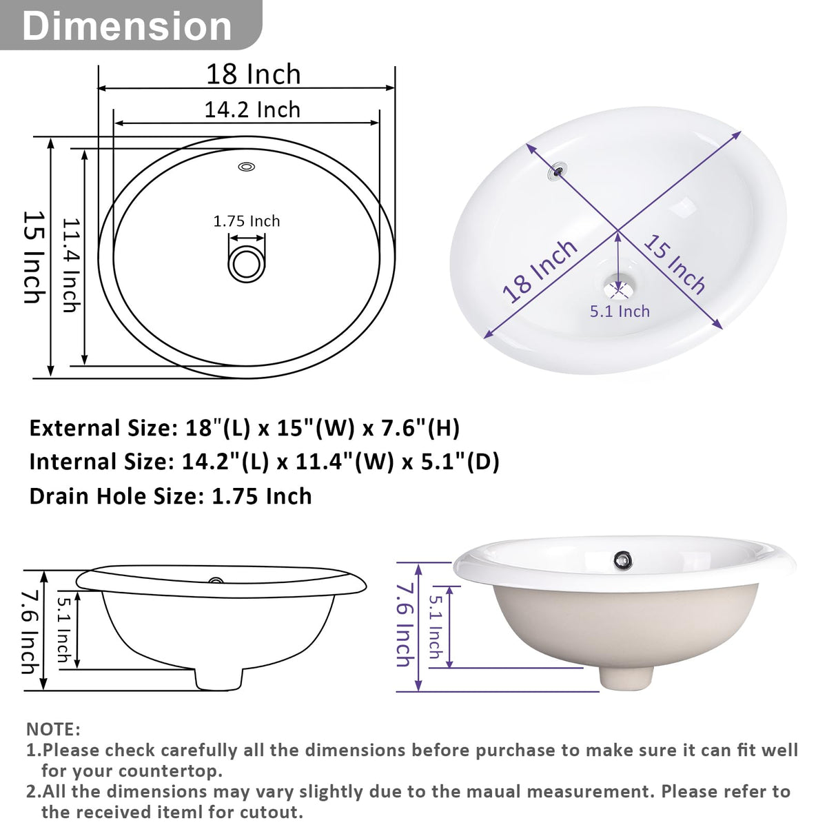 19 Inch Drop In Bathroom Vessel Sink with Overflow Rectangle White
