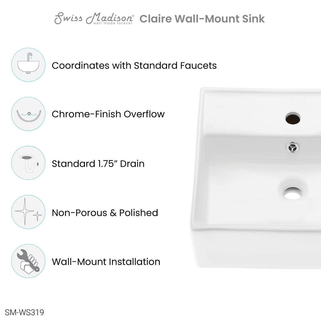 Claire 30" Rectangle Wall Mount Bathroom Sink in Glossy White