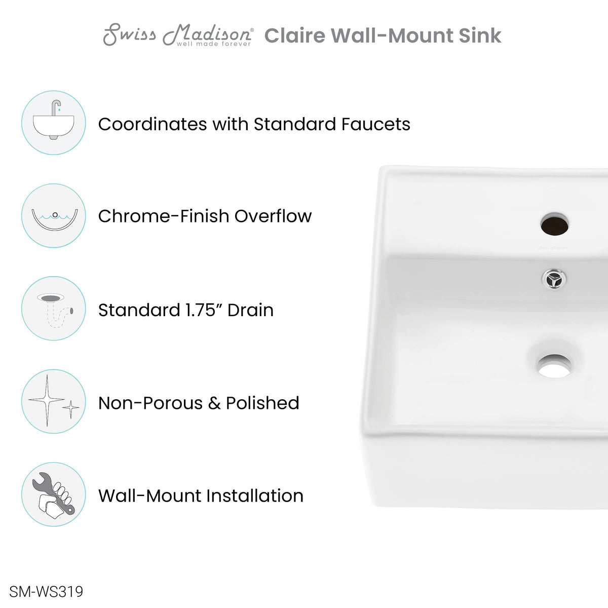 Claire 30" Rectangle Wall Mount Bathroom Sink in Glossy White