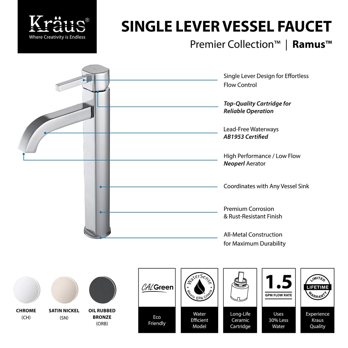 KRAUS Ramus Single Handle Vessel Sink Bathroom Faucet with Pop-Up Drain in Brushed Gold, KVF-1220BG