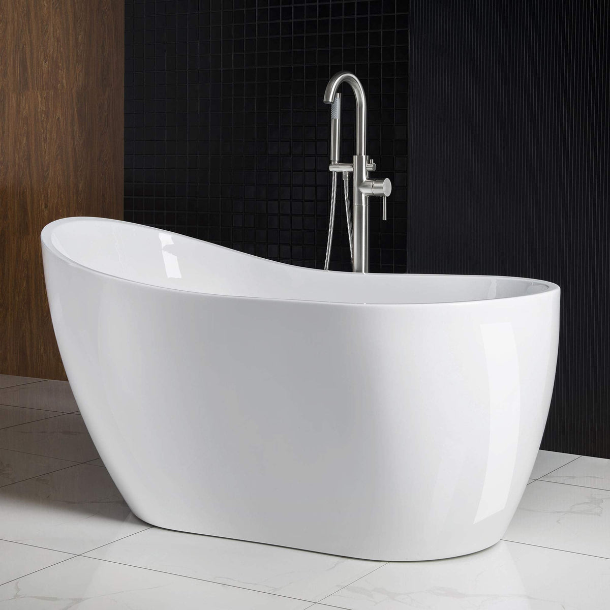 WOODBRIDGE 54" Acrylic Freestanding Bathtub Contemporary Soaking White Tub with Matte Black Overflow and Drain,B0006-MB