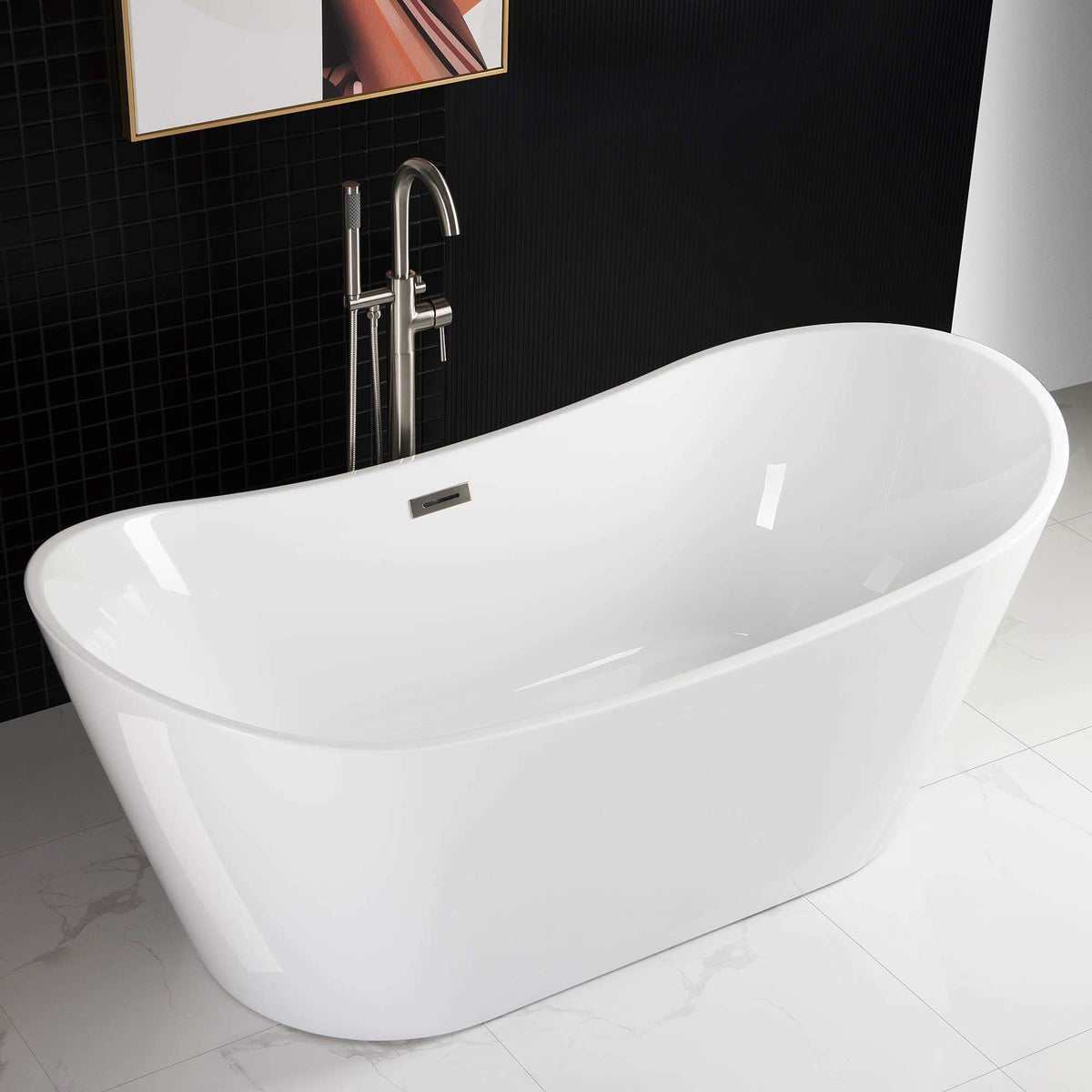 WOODBRIDGE 71" Acrylic Freestanding Bathtub Contemporary Soaking Tub , White Acrylic ( Matte Black Drain/Overflow),B0017 MB Drain &O