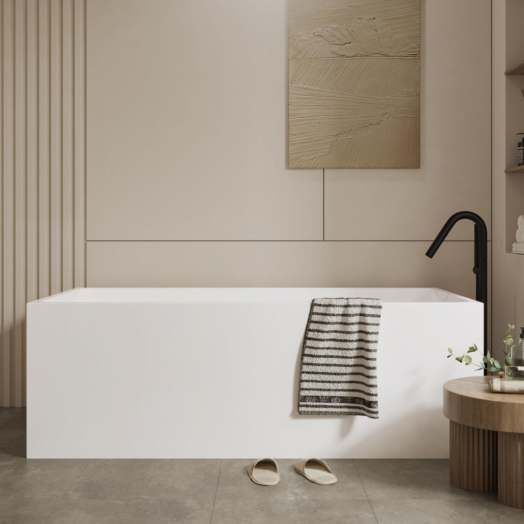 49" Acrylic Freestanding Bathtub - Japanese Square Soaking Tub with Built-in Seat & Toe-Tap Drain, Glossy White Finish, CUPC Certified