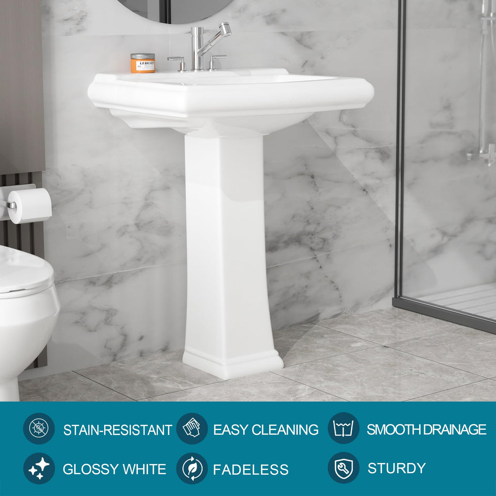 23"x19" Porcelain Retro Bathroom Pedestal Sink White 3 Hole
