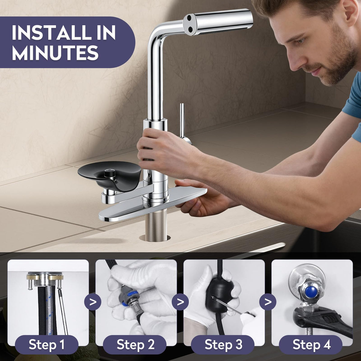 HOWUWEY Black Kitchen Faucet with Pull Down Sprayer & Cup Washer