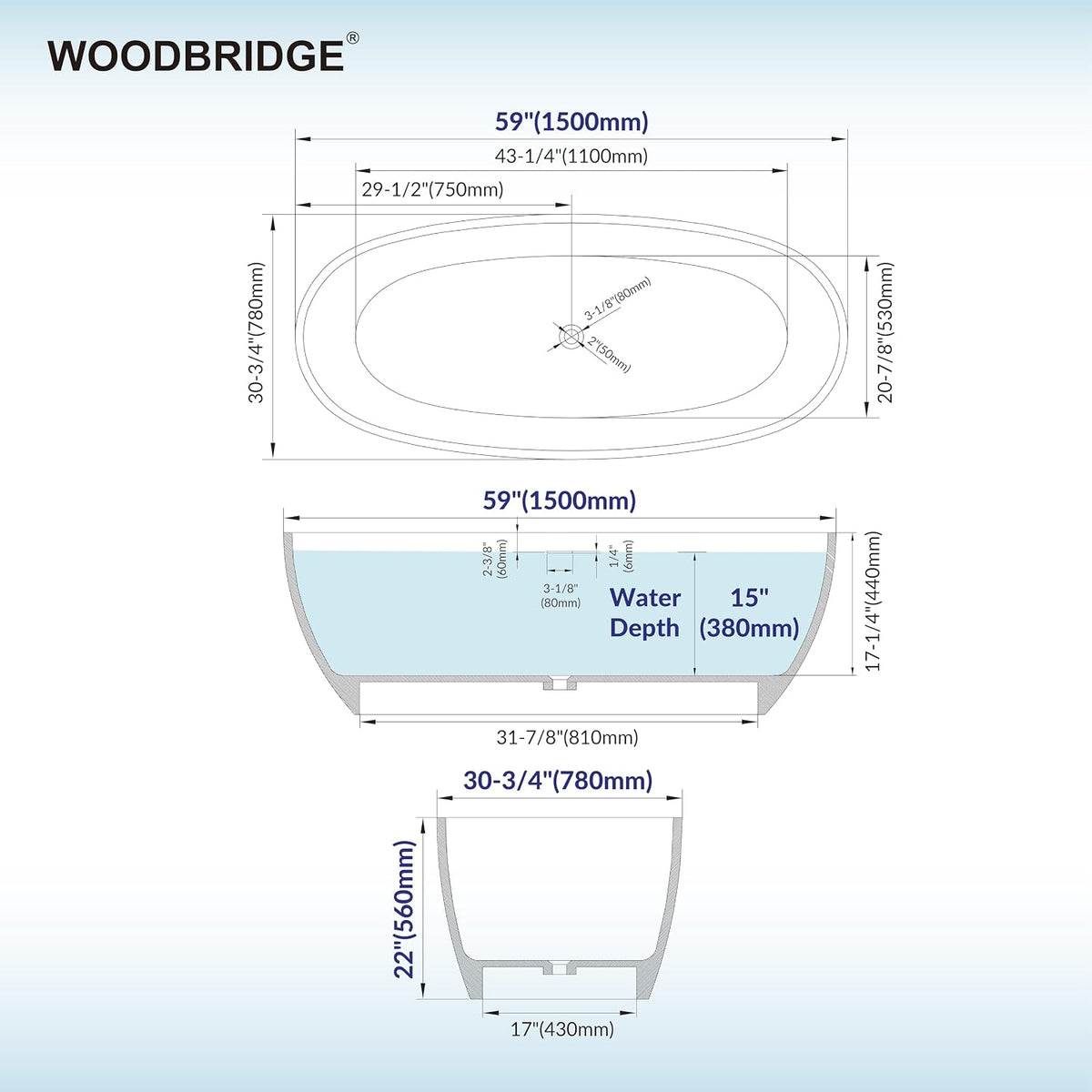 WOODBRIDGE 59" Stone Resin Freestanding Soaking Tub, Modern Oval Solid Surface Bathtub with Integrated Slotted Overflow & Drain, Matte White, B0055