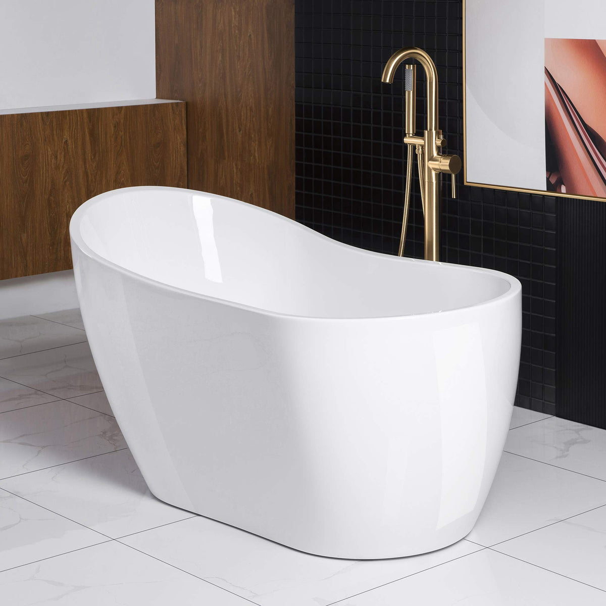 WOODBRIDGE 54"Freestanding White Acylic Soaking Bathtub with Brushed Nickel Drain and Overflow,BTA1507 -B/N-Drain &O