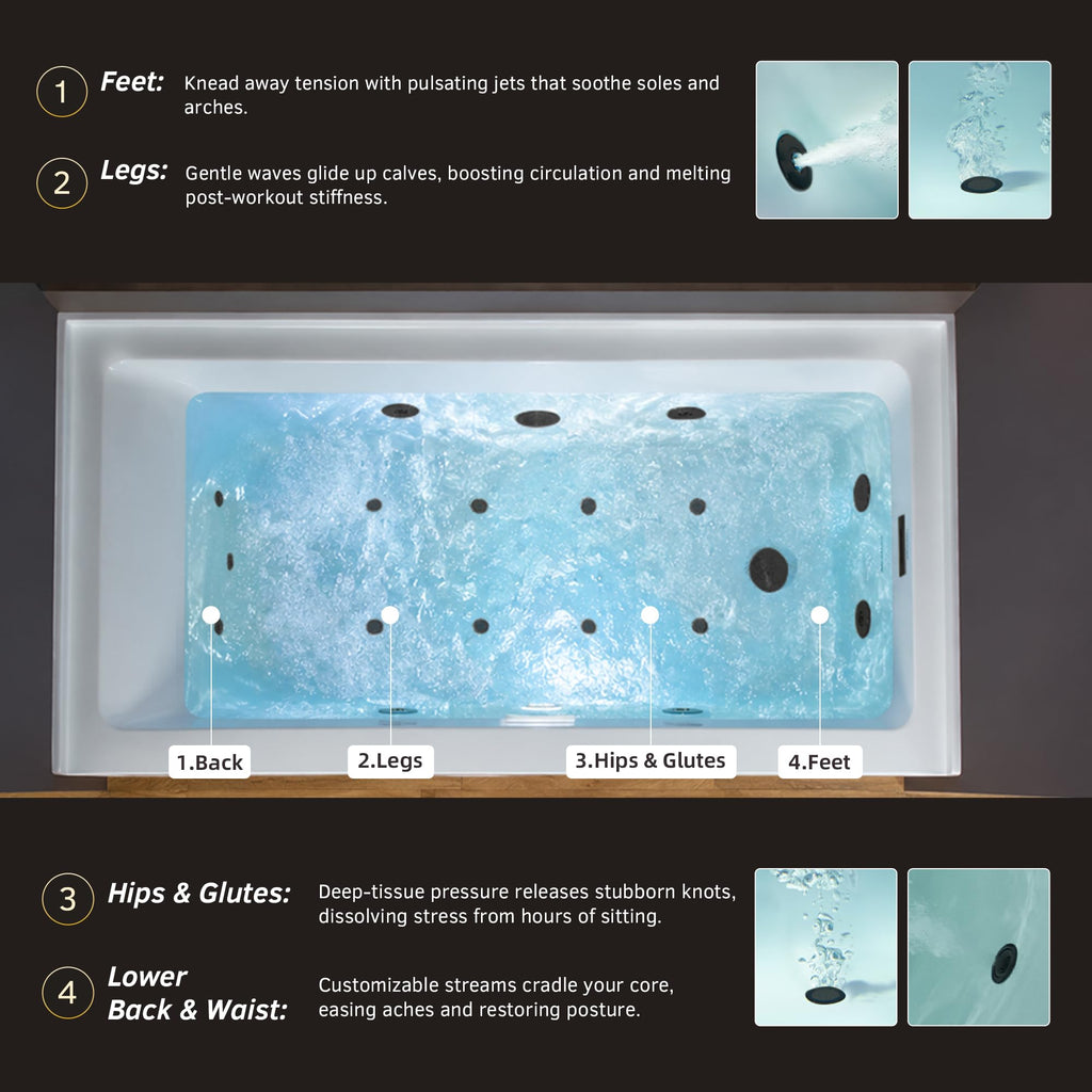 WOODBRIDGE 60" x 32" Alcove Acrylic Rectangular Whirlpool and Air Heated Tub in White with right Drain, Matte Black Finish Trim and Drain Kit Included, DF631-R-MB02
