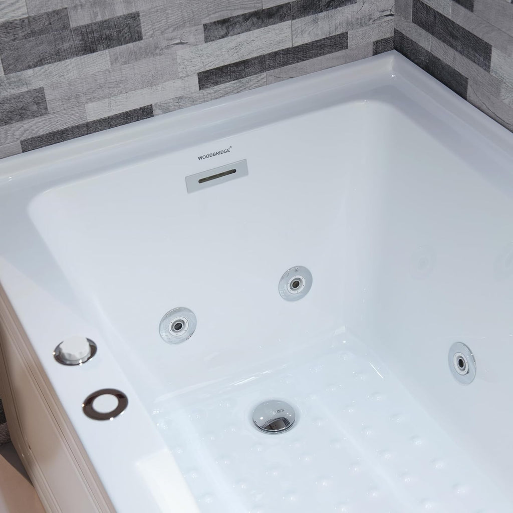 WOODBRIDGE 60" Alcove Acrylic Rectangular Whirlpool Heated Jetted Tub in White with Left Drain, Chrome pop-up Drain Included BS6030L
