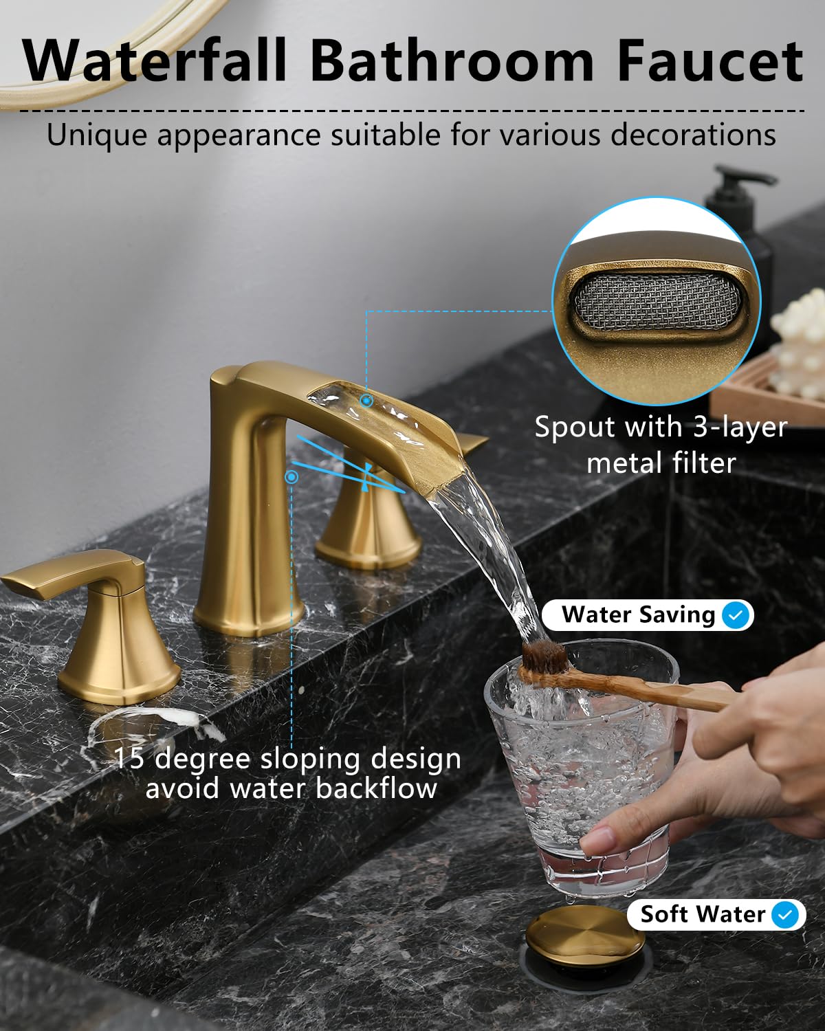Fapully Brushed Nickel Bathroom Faucet 3 Hole, Waterfall 8 Inch Widespread Bathroom Sink Faucet with Pop-up Drain, Two-Handle Faucet for Bathroom Sink