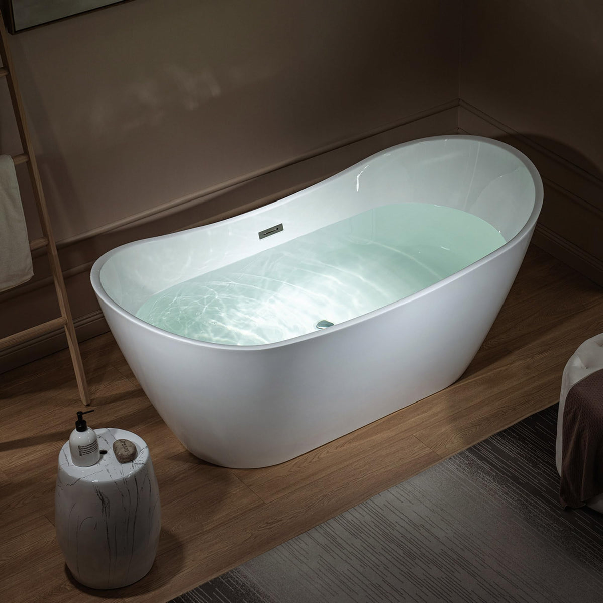 WOODBRIDGE 59" Acrylic Freestanding Bathtub Contemporary Soaking White Tub with Chrome Overflow and Drain
