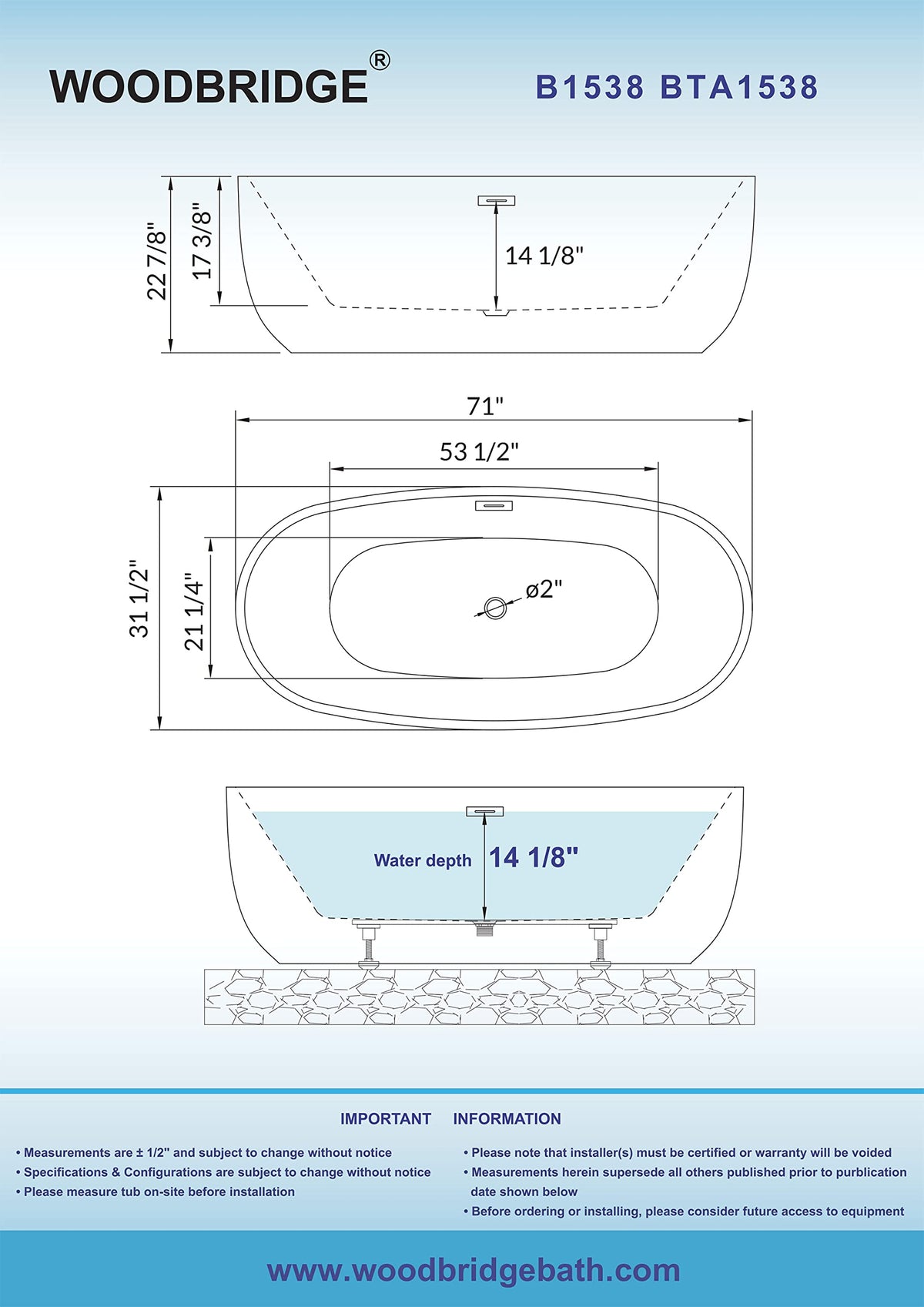 WOODBRIDGE 59"Freestanding White Acylic Soaking Bathtub with Brushed Nickel Drain and Overflow,BTA1518 -B/N-Drain &O