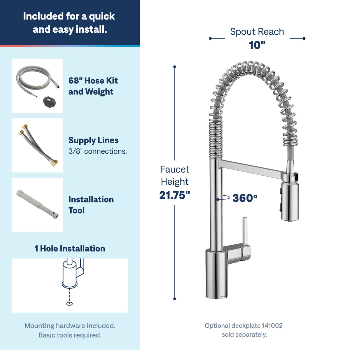 Moen Align Spot Resist Stainless Pulldown Kitchen Faucet, Single Hole, Modern Spring Style with Pre-Rinse and Power Boost Pull Down Sprayer, Easy Installation, 5923SRS
