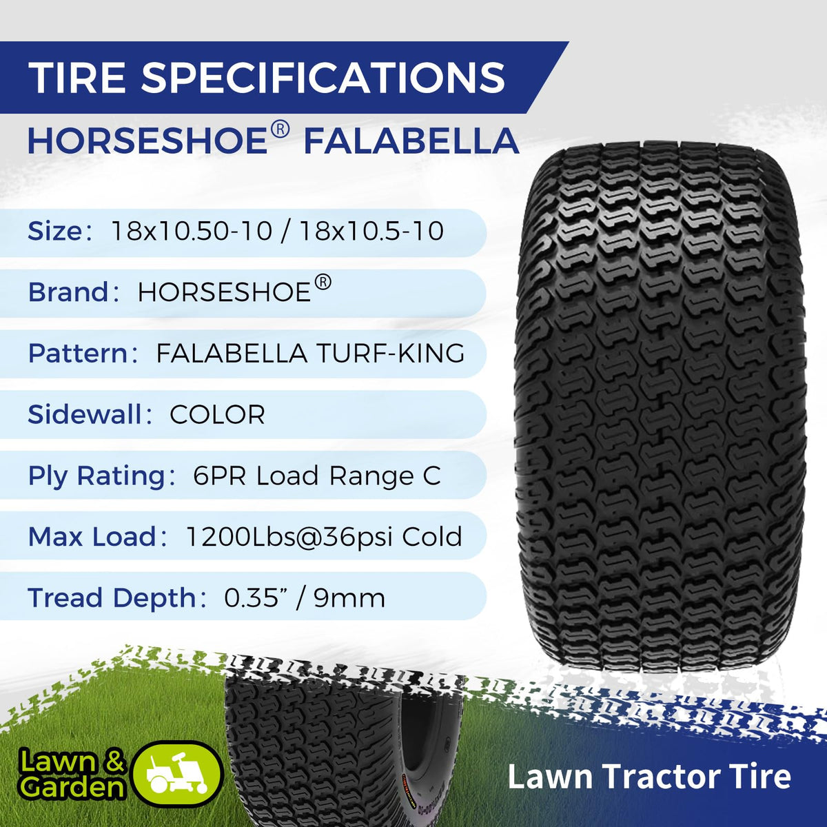 HORSESHOE FALABELLA (2-Pcs) 24X9.50-12 6-PLY LRC Lawn Mower 24x9.5x12 Riding Machine Golf Carts 24x9.5-12 Turf Equipment & Tractors Tires, Heavy Duty Turf-King, Color Sidewall