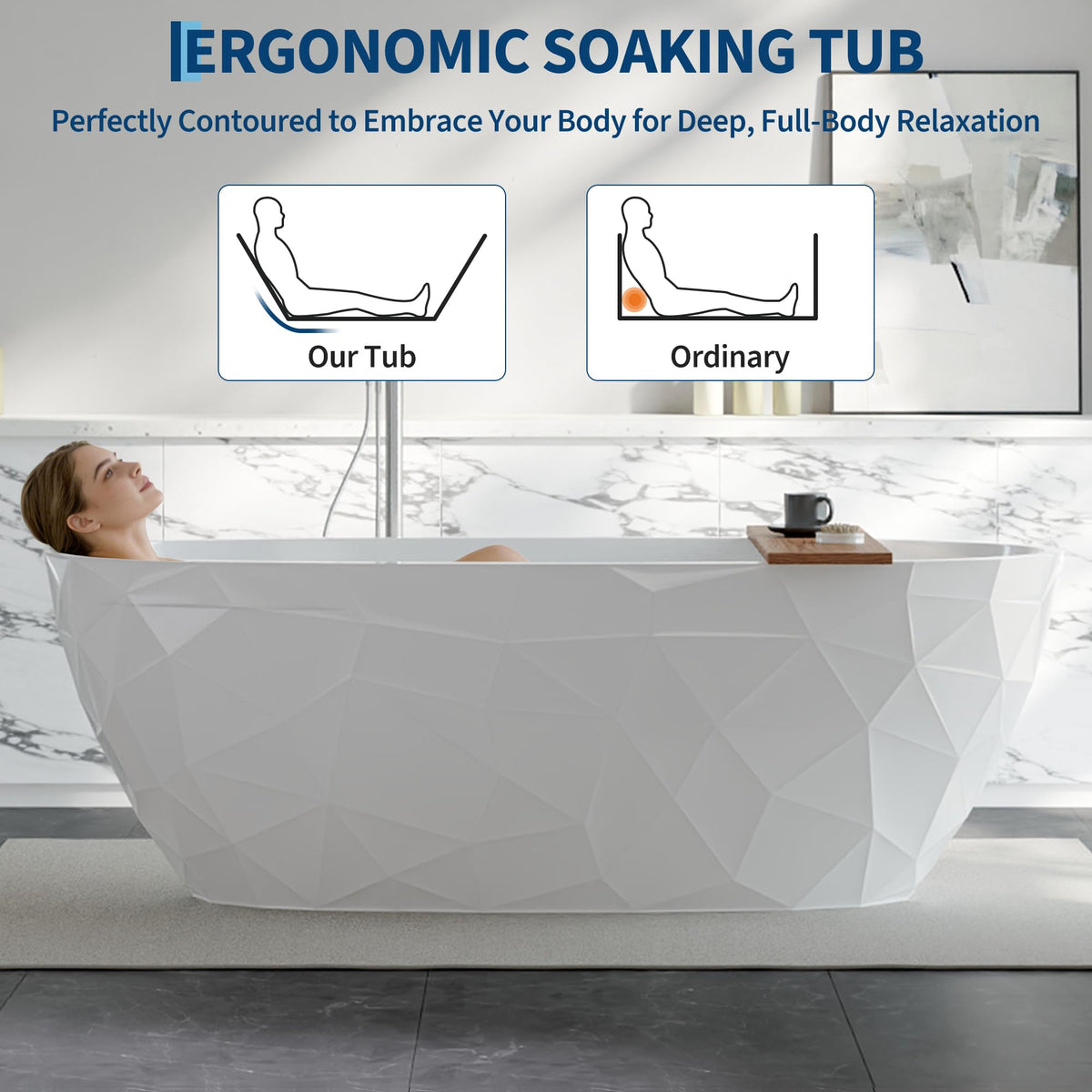 59 Inch Freestanding Bathtubs, White Acrylic Free Standing Bathtub, Modern Soaking Tub with Integrated Overflow & Chrome Drain for Bathroom Remodel