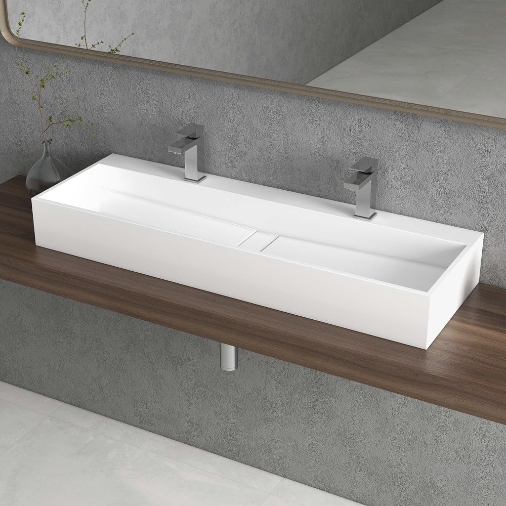47'' Bathroom Vessel Sink Double-Bowl Bathroom Sink Wall Mounted Trough Floating Sink in Matte White